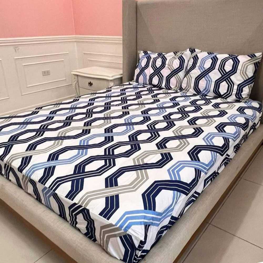 3IN1 Navy Blue & White Printed Pattern Bedsheet Set included 1pc Fitted Sheet + 2pcs Pillow Case
